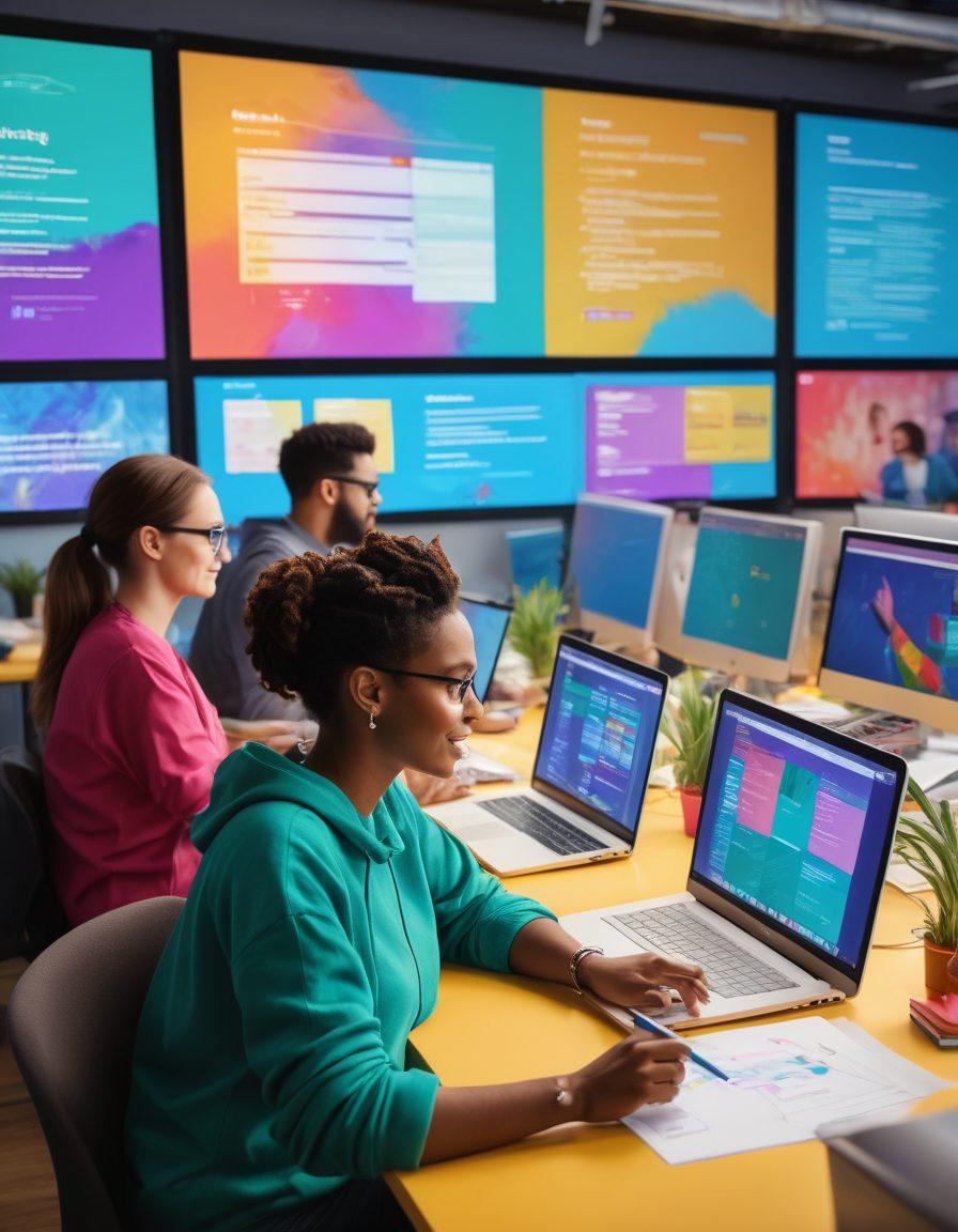 A team of diverse individuals collaborating on web design at a vibrant workspace filled with brainstorming notes, laptops displaying code and design software, and a large screen showcasing a nonprofit's website. Incorporate elements of unity, creativity, and technology with bright, uplifting colors to evoke a sense of purpose and impact. digital painting. vibrant colors.