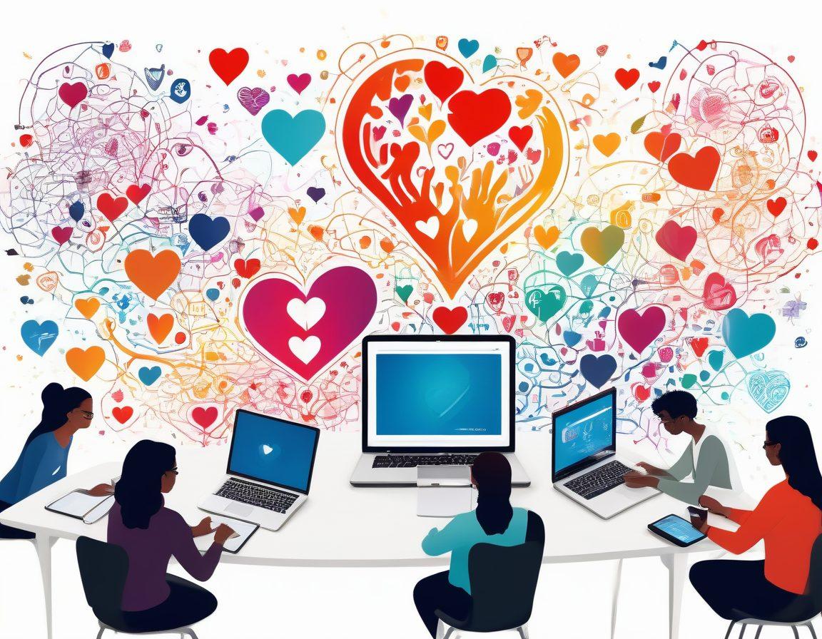 A digitally rendered scene showcasing a diverse group of people engaging in a vibrant and inspiring digital experience. They are using laptops, tablets, and smartphones surrounded by symbols of non-profit impact such as hearts, hands, and community icons, set against a dynamic backdrop of interconnected networks and lively elements representing collaboration and creativity. vibrant colors. vector art. white background.