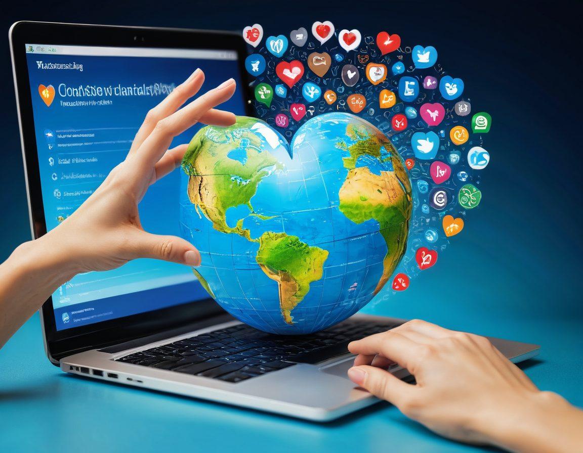 An inspiring image showcasing a hand reaching out from a computer screen, extending towards a heart-shaped globe symbolizing global charity. Surround this with icons representing websites, donations, and social media, all interconnected with digital pathways. Incorporate vibrant colors to evoke positivity and hope. super-realistic. 3D.